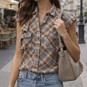 A SHIRT THING Charlotte Western Plaid Flannel Top in Warm Brown | Medium